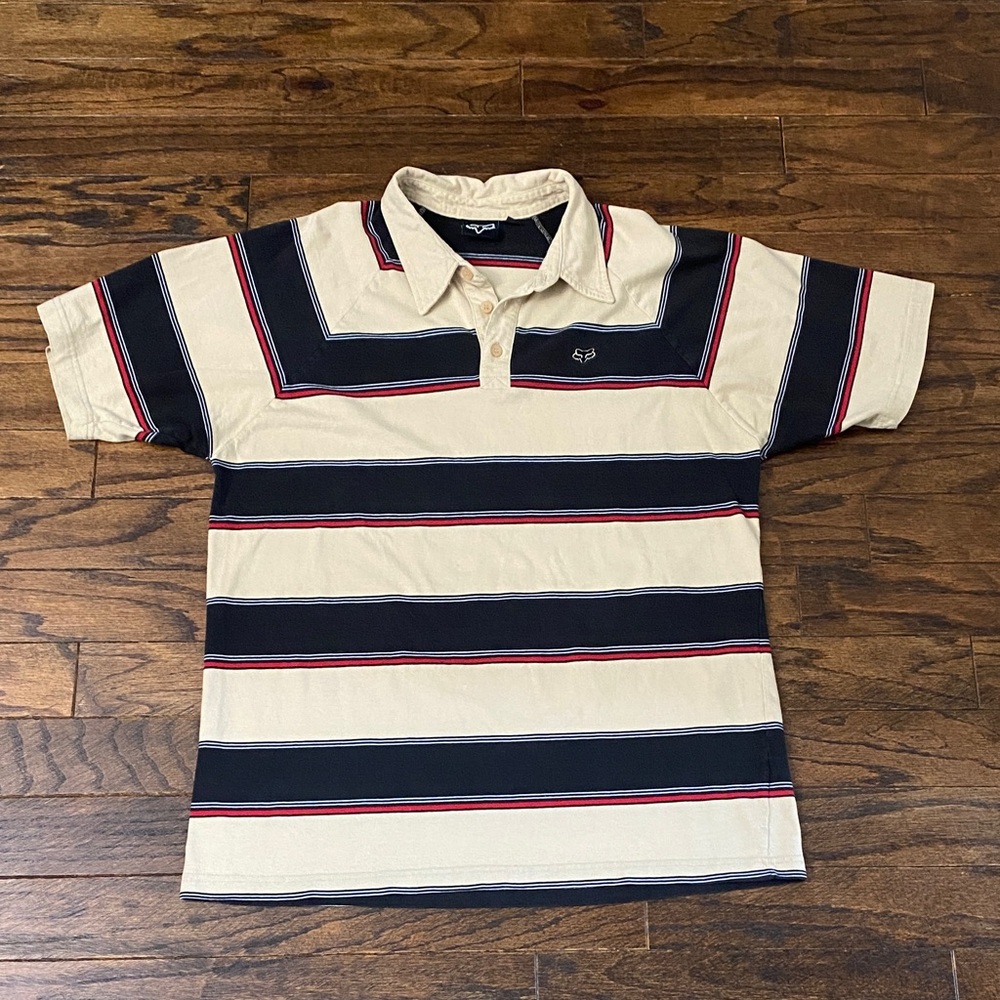 Fox Men's Polo Shirt - Cream, Black, and Red Stripes